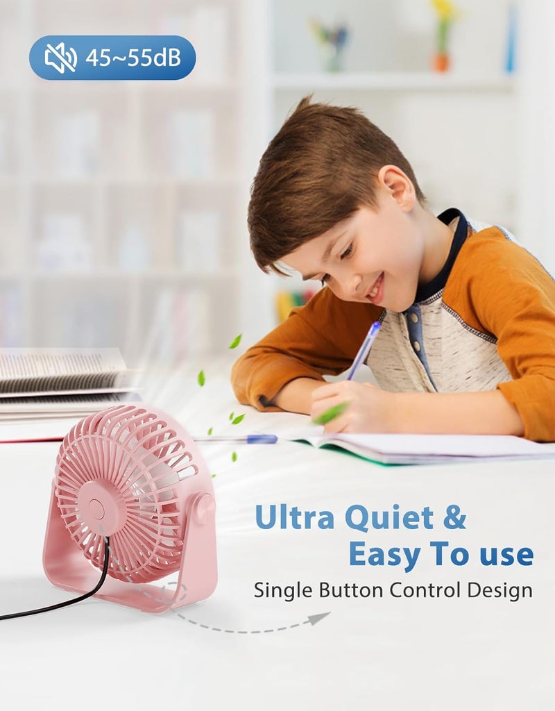 TriPole USB Desk Fan Portable Mini Fan Powerful 3 Speeds Wind Personal Desktop Fan with 360° Head Rotation for Home Office Car Indoor Outdoor Pink, No Battery, 4.5 Inches - Image 2